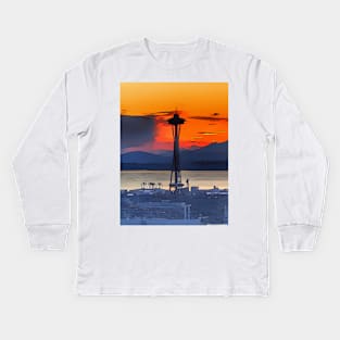 Gorgeous sunset in Seattle, with the Space Needle in the foreground Kids Long Sleeve T-Shirt